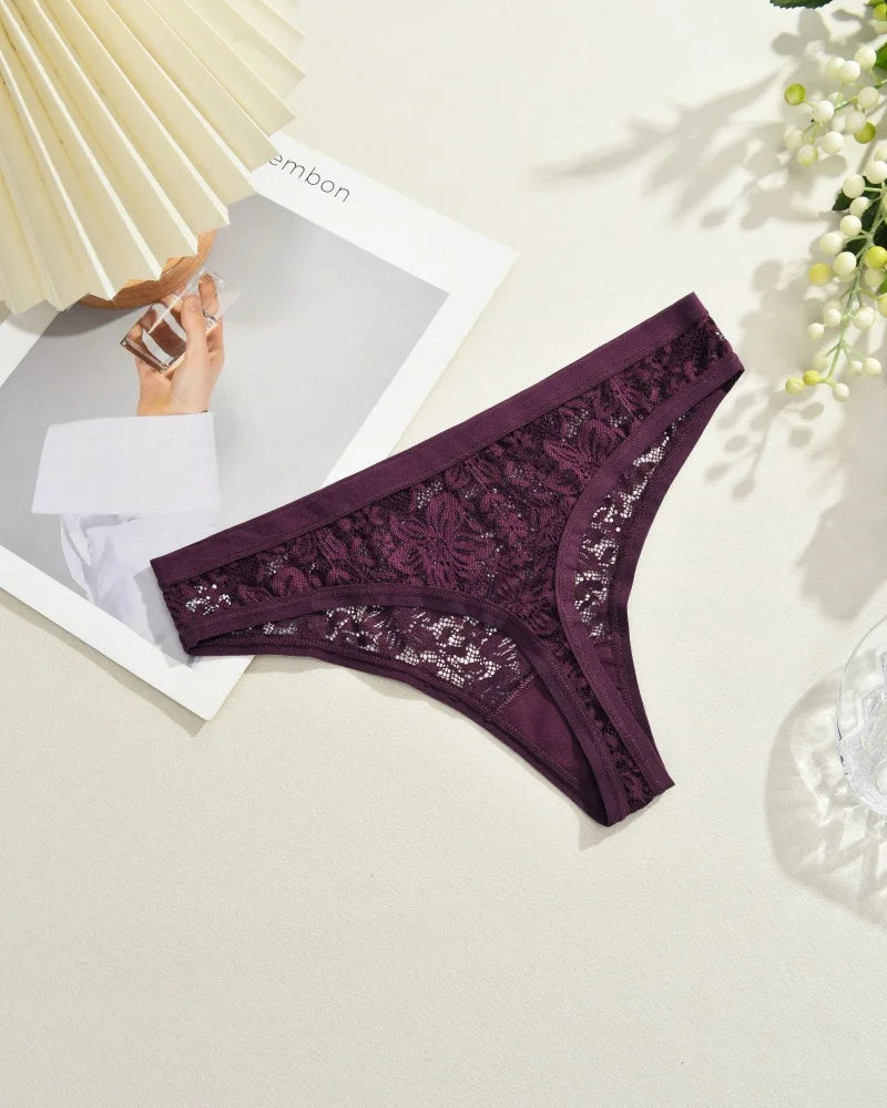 6Pcs/Set Sexy Lace Floral Panties For Women Simple Solid Color Low Rise High Quality Thongs Trendy Transparent Intimate Lingerie