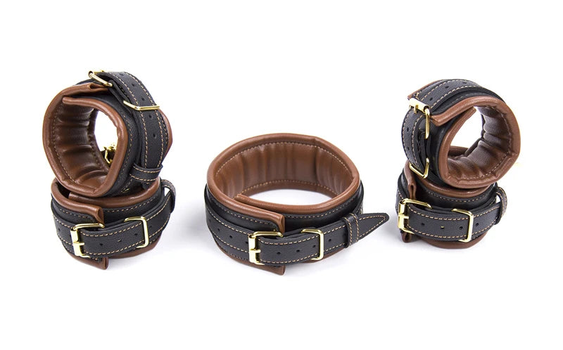 3-Piece Leather Collar, Wrist & Ankle Cuff Set