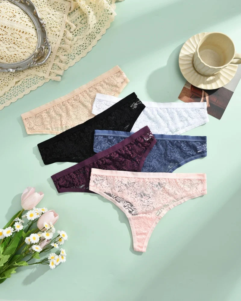 6Pcs/Set Sexy Lace Floral Panties For Women Simple Solid Color Low Rise High Quality Thongs Trendy Transparent Intimate Lingerie