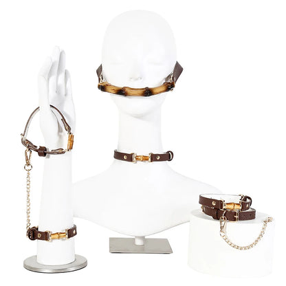 Bamboo Joint Bdsm Handcuffs Anklecuffs Open Mouth Gag Bdsm Collar PU Leather Slave Bondage Sex Toys for Woman Men SM Product
