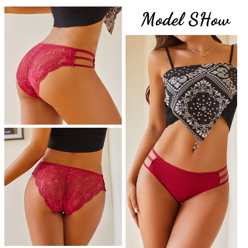 7PCS/Set Women Floral Lace Panties Sexy Low-Waist Briefs Female Hollow Out Breathable Underwear Cotton Soft Lingerie Solid Color