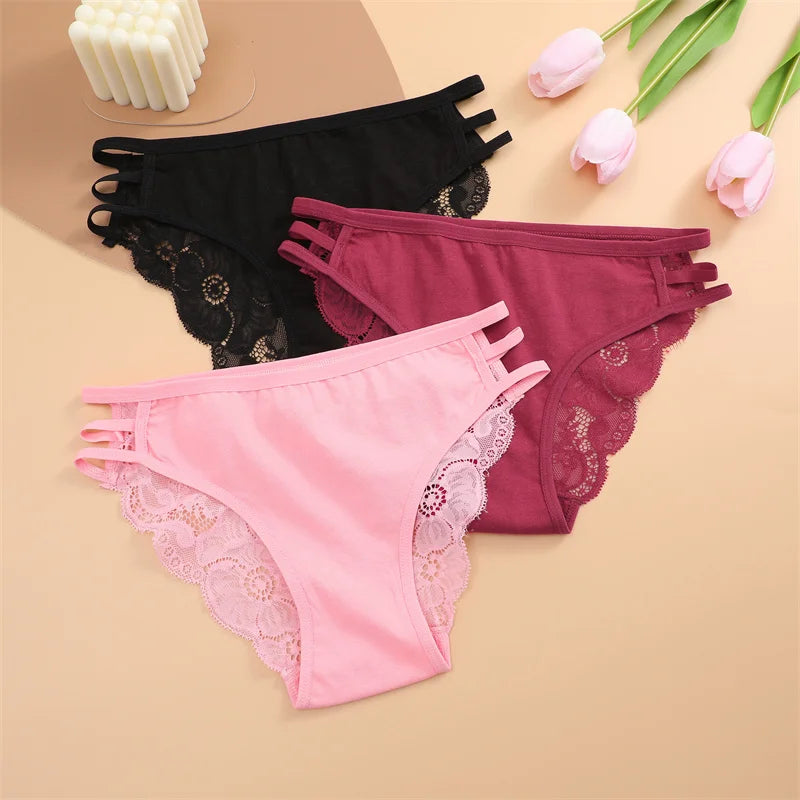 7PCS/Set Women Floral Lace Panties Sexy Low-Waist Briefs Female Hollow Out Breathable Underwear Cotton Soft Lingerie Solid Color