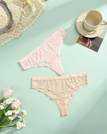 6Pcs/Set Sexy Lace Floral Panties For Women Simple Solid Color Low Rise High Quality Thongs Trendy Transparent Intimate Lingerie