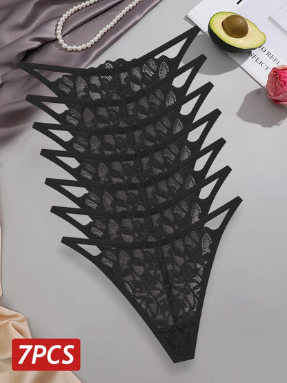 7Pcs/Set Women's Lace Panties Sexy Hollow Out Floral Thongs Solid Color Low Rise Thongs Fashion Cozy Breathable G-String S-XL