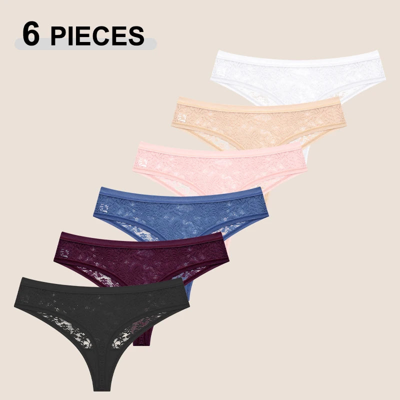 6Pcs/Set Sexy Lace Floral Panties For Women Simple Solid Color Low Rise High Quality Thongs Trendy Transparent Intimate Lingerie