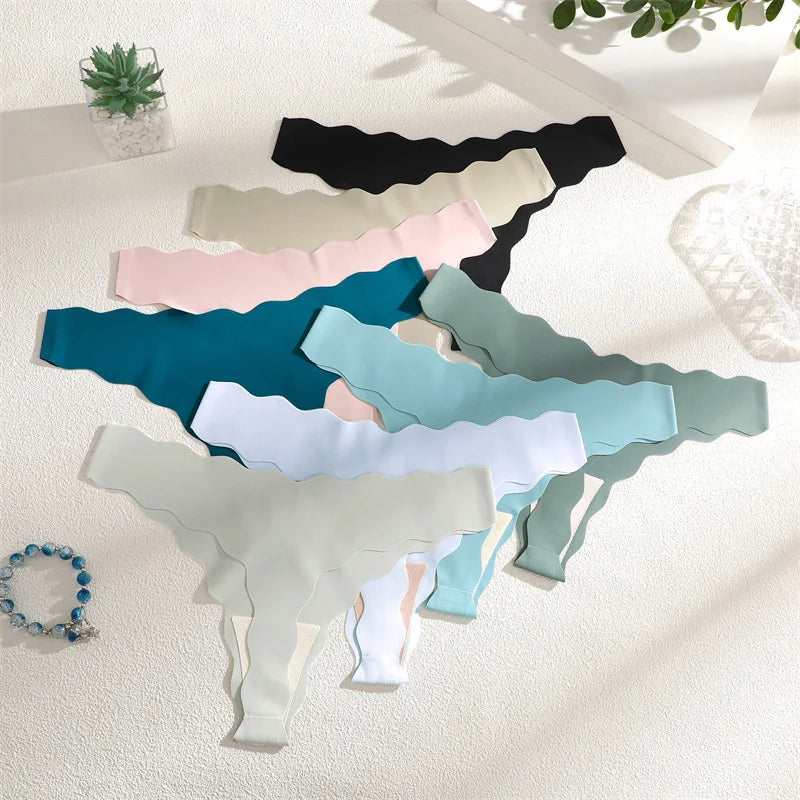 New 8Pcs/Set Women's Traceless Panties Soft Comfortable Thongs Sexy Solid Color Wavy Edge G-Strings Female Breathable Underpants
