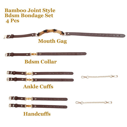 Bamboo Joint Bdsm Handcuffs Anklecuffs Open Mouth Gag Bdsm Collar PU Leather Slave Bondage Sex Toys for Woman Men SM Product