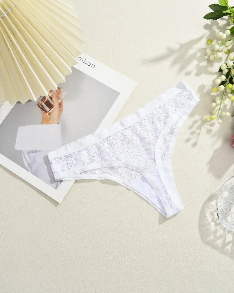 6Pcs/Set Sexy Lace Floral Panties For Women Simple Solid Color Low Rise High Quality Thongs Trendy Transparent Intimate Lingerie