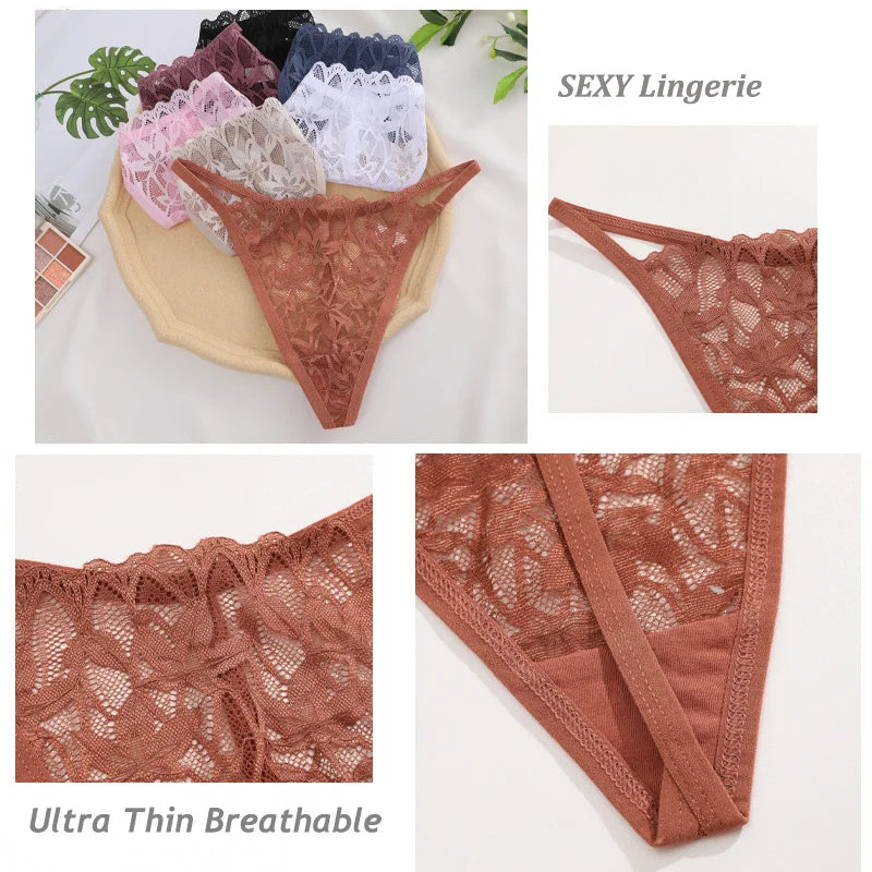 7Pcs/Set Women's Lace Panties Sexy Hollow Out Floral Thongs Solid Color Low Rise Thongs Fashion Cozy Breathable G-String S-XL