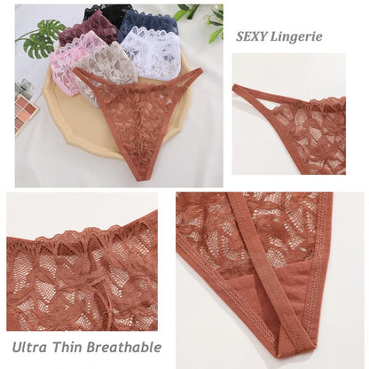 7Pcs/Set Women's Lace Panties Sexy Hollow Out Floral Thongs Solid Color Low Rise Thongs Fashion Cozy Breathable G-String S-XL