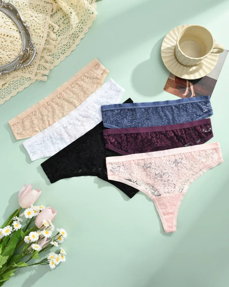 6Pcs/Set Sexy Lace Floral Panties For Women Simple Solid Color Low Rise High Quality Thongs Trendy Transparent Intimate Lingerie