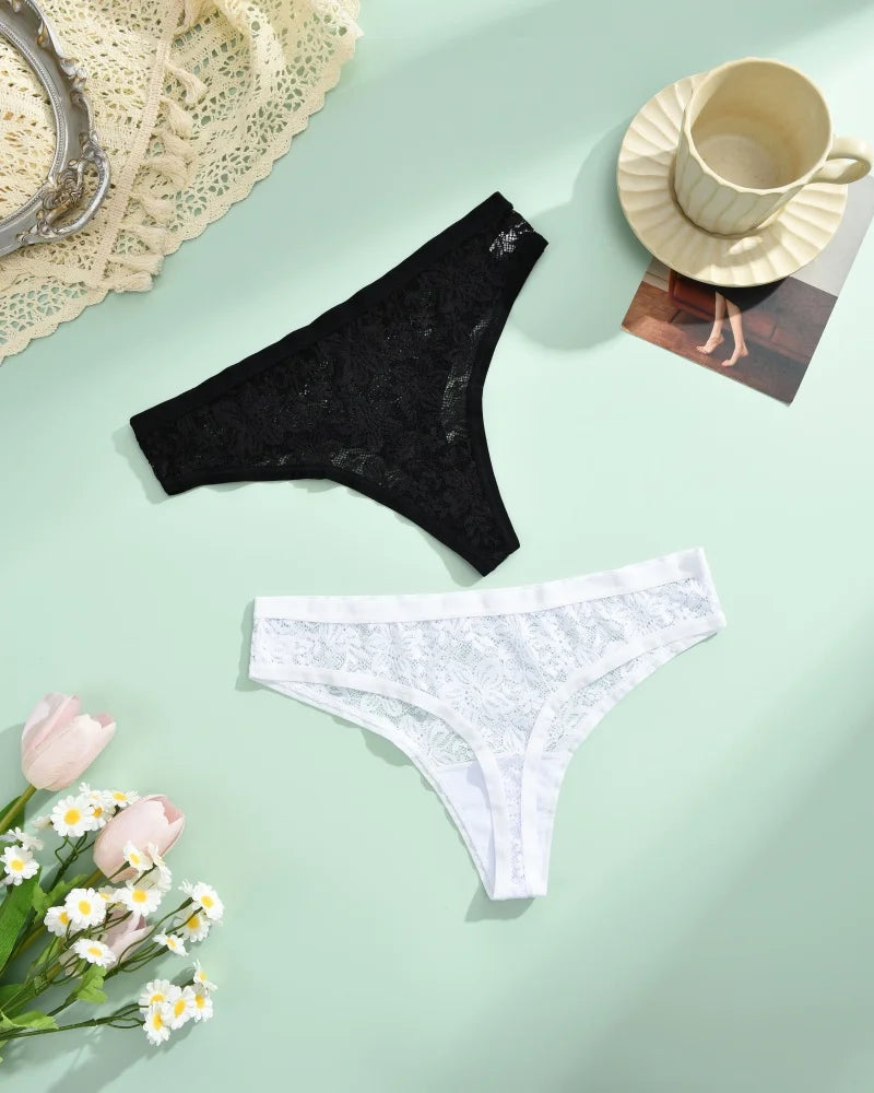 6Pcs/Set Sexy Lace Floral Panties For Women Simple Solid Color Low Rise High Quality Thongs Trendy Transparent Intimate Lingerie