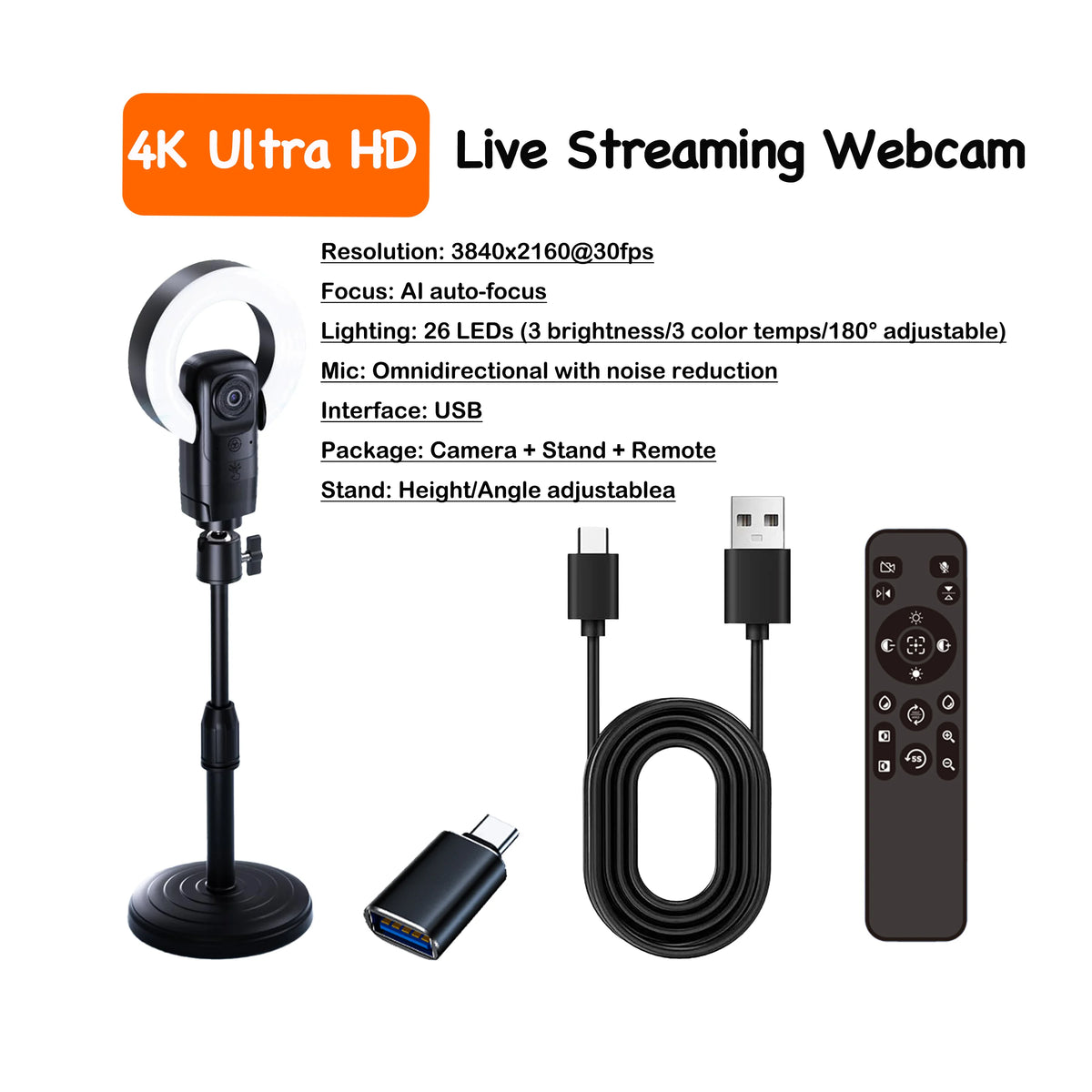 AI Autofocus 4K Webcam With Light