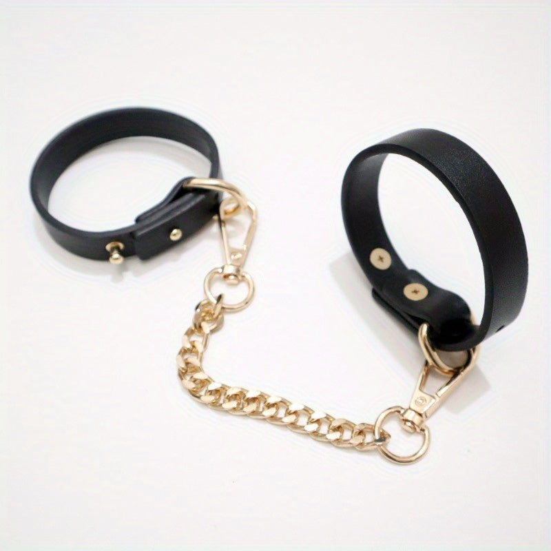 1pc PU Leather Cuffs with Golden Chain - Elegant Black Female Slave Cuffs for Bondage, Roleplay, and Adult Entertainment, Stress Relief Accessories, Adult Entertainment Accessories|Elegant Cuff Design|Durable Leather Cuffs, L