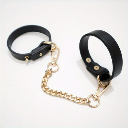 1pc PU Leather Cuffs with Golden Chain - Elegant Black Female Slave Cuffs for Bondage, Roleplay, and Adult Entertainment, Stress Relief Accessories, Adult Entertainment Accessories|Elegant Cuff Design|Durable Leather Cuffs, L