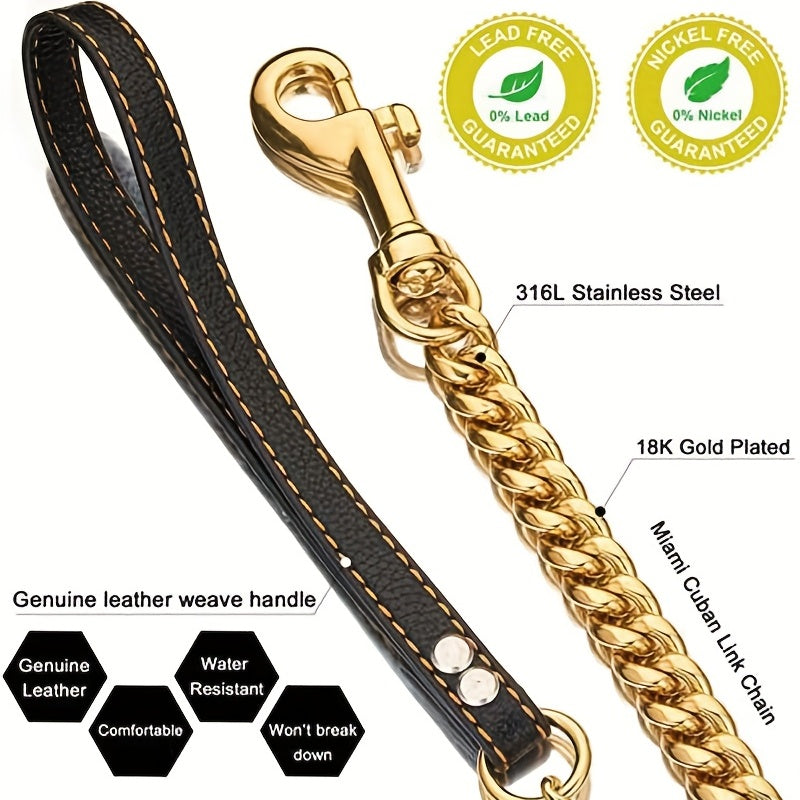 Durable Stainless Steel Dog Leash, 12MM Cuban Link Chain with Comfort Leather Handle, 3/4/5ft, No Battery Required, Suitable for All Dogs