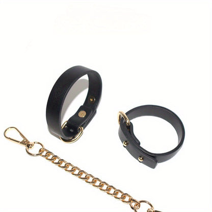 1pc PU Leather Cuffs with Golden Chain - Elegant Black Female Slave Cuffs for Bondage, Roleplay, and Adult Entertainment, Stress Relief Accessories, Adult Entertainment Accessories|Elegant Cuff Design|Durable Leather Cuffs, L