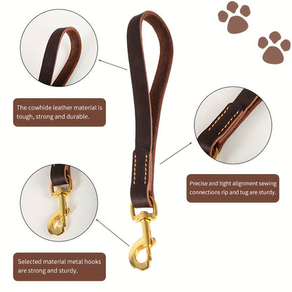 ITANDME Premium Dog Leash - Strong, Durable Brown Cowhide with Golden Metal Handle for Large Dog Training and Walking, Pet Walking Accessory | Polished Metal Handle | Durable Cowhide, Leash for Dogs