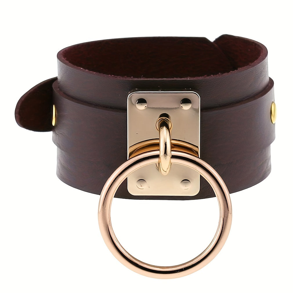 Gothic PU Leather Circle Wristband with Ring