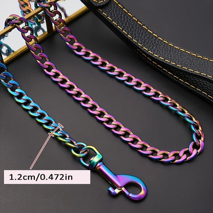 Vibrant Rainbow Stainless Steel Dog Leash with Comfort Grip Handle - 1.2cm Wide, Durable Training Lead for Pets, Iridescent Chain Link Design in Pink, Blue, Green, Yellow, Orange, Purple & White, Pet Walking Gear, Sturdy Clas
