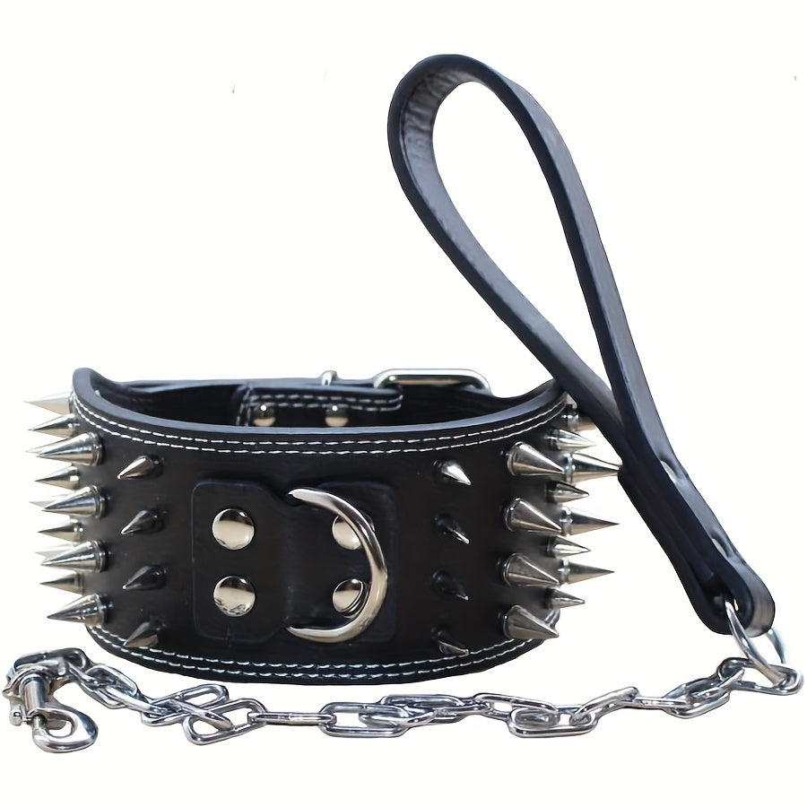 7.62 cm Wide Faux Leather 4 Rows Spiked Studded Dog Collar + Dog Leash Lead Set Heavy Duty Fit Pit Bull Terrier Mastiff