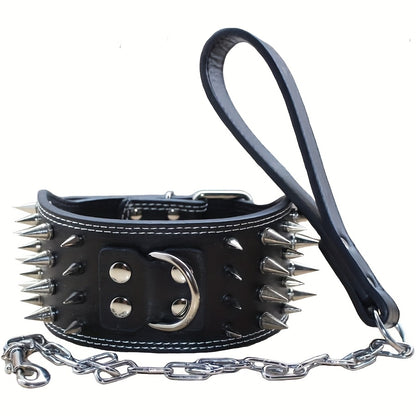 7.62 cm Wide Faux Leather 4 Rows Spiked Studded Dog Collar + Dog Leash Lead Set Heavy Duty Fit Pit Bull Terrier Mastiff