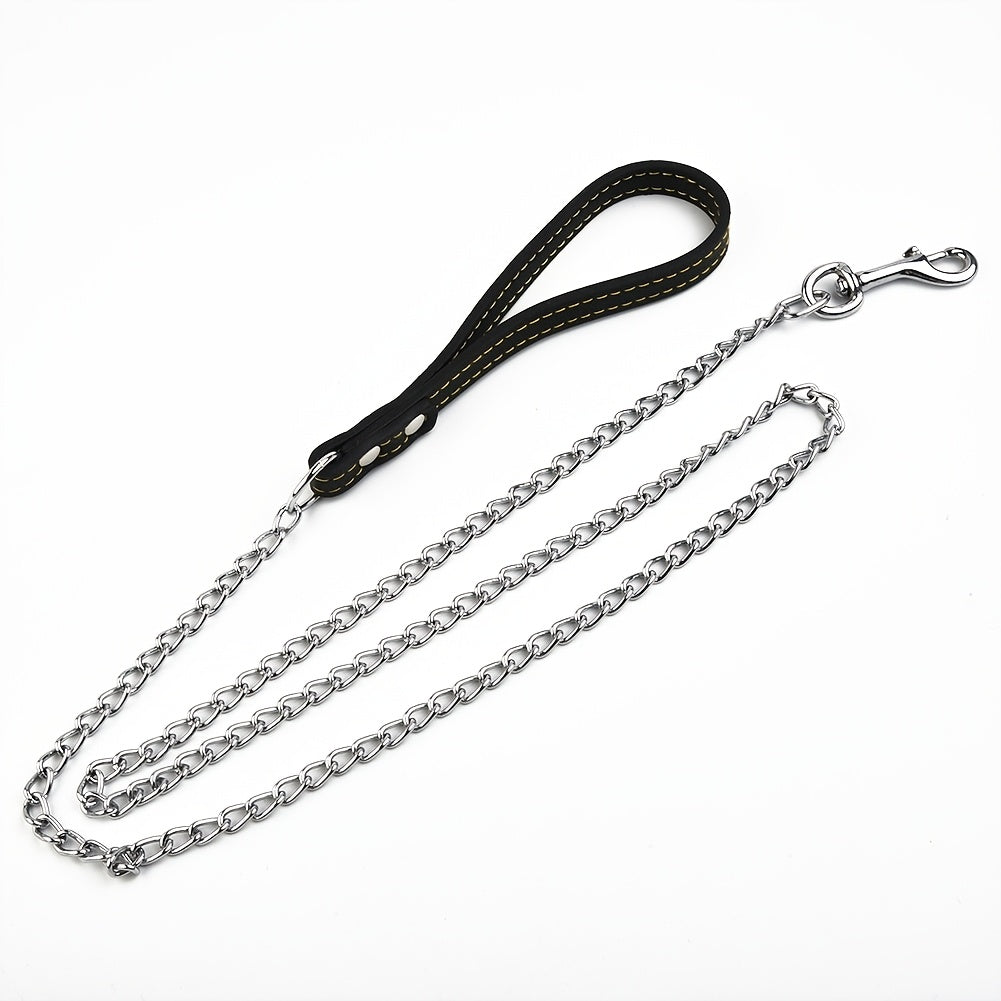 Heavy Duty Metal Chain Dog Leash with Leather Style Handle - 120cm Strong Control Lead for Large Dogs, Durable Iron Construction, Black 2.0mm Thick, Pet Accessories | Stylish Dog Leash | Durable Dog Leash