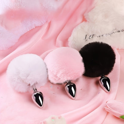 Soft Rabbit Tail Metal Anal Stopper SM Rabbit Tail Anal Stopper, Suitable for Beginners