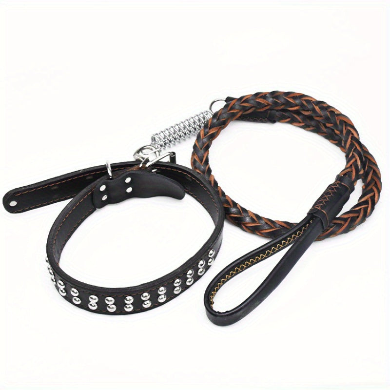 Heavy-Duty Dog Leash for Medium to Large Dogs - Bite-Resistant Cowhide Collar with Adjustable Buckle, Protective Design, Comfortable Metal Clip & Ergonomic Handle for Golden Retrievers & German Shepherds, Dog Leash for Medium