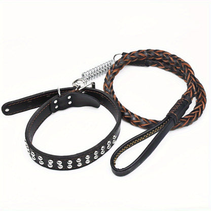 Heavy-Duty Dog Leash for Medium to Large Dogs - Bite-Resistant Cowhide Collar with Adjustable Buckle, Protective Design, Comfortable Metal Clip & Ergonomic Handle for Golden Retrievers & German Shepherds, Dog Leash for Medium