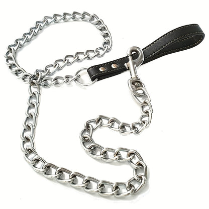 Heavy Duty Metal Chain Dog Leash with Leather Style Handle - 120cm Strong Control Lead for Large Dogs, Durable Iron Construction, Black 2.0mm Thick, Pet Accessories | Stylish Dog Leash | Durable Dog Leash