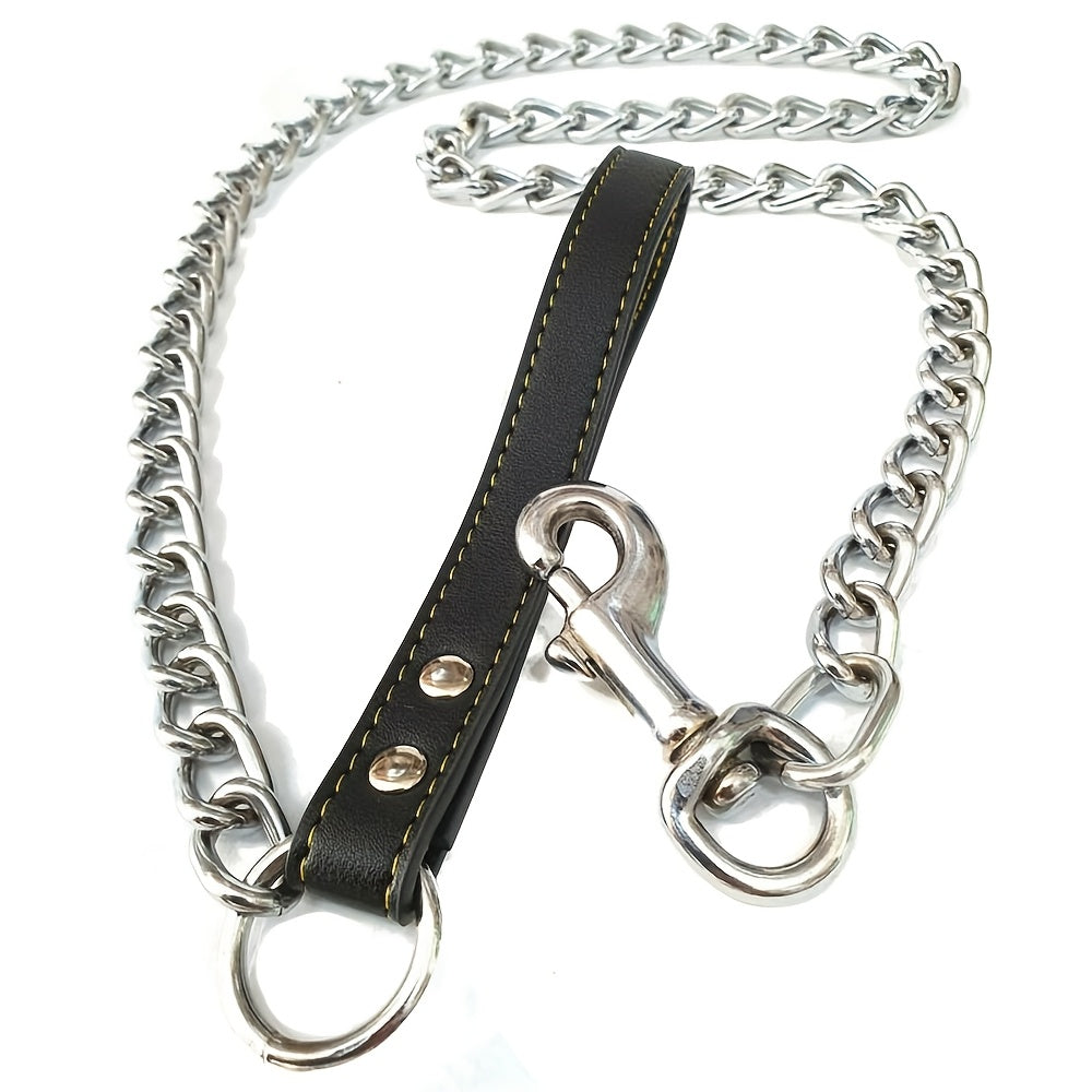 Heavy Duty Metal Chain Dog Leash with Leather Style Handle - 120cm Strong Control Lead for Large Dogs, Durable Iron Construction, Black 2.0mm Thick, Pet Accessories | Stylish Dog Leash | Durable Dog Leash