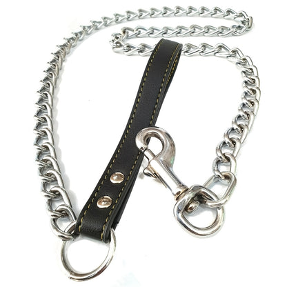 Heavy Duty Metal Chain Dog Leash with Leather Style Handle - 120cm Strong Control Lead for Large Dogs, Durable Iron Construction, Black 2.0mm Thick, Pet Accessories | Stylish Dog Leash | Durable Dog Leash