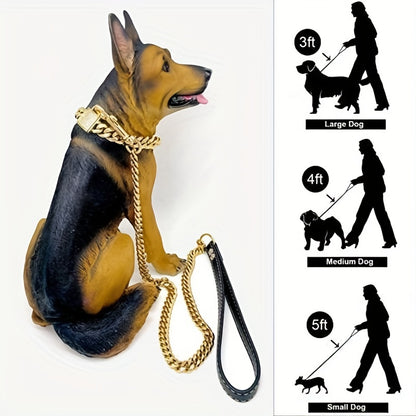 Durable Stainless Steel Dog Leash, 12MM Cuban Link Chain with Comfort Leather Handle, 3/4/5ft, No Battery Required, Suitable for All Dogs