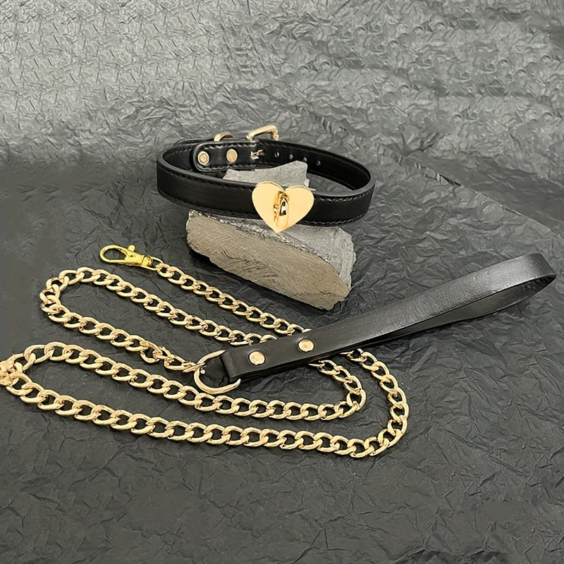 1pc Luxury Black Leather Pet Collar and Leash Set with Golden Heart Buckle - Adjustable, Fashionable, Durable for Training and Walking