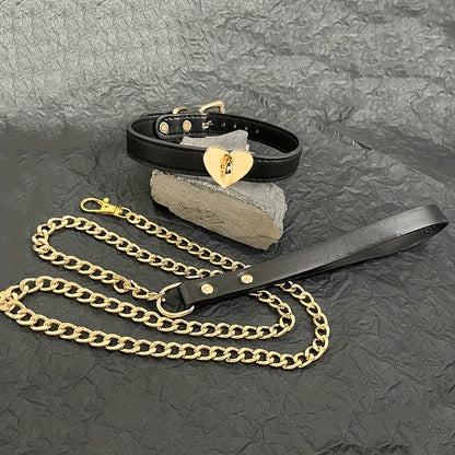 1pc Luxury Black Leather Pet Collar and Leash Set with Golden Heart Buckle - Adjustable, Fashionable, Durable for Training and Walking