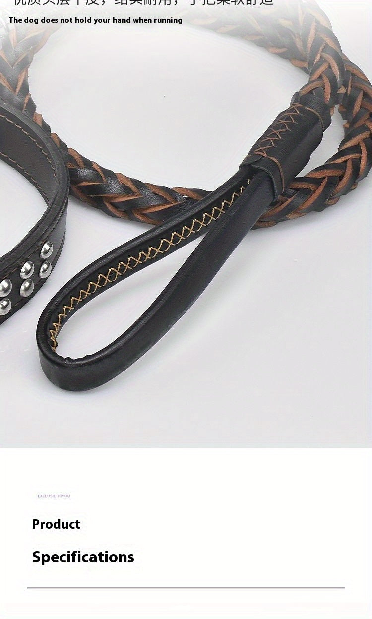 Heavy-Duty Dog Leash for Medium to Large Dogs - Bite-Resistant Cowhide Collar with Adjustable Buckle, Protective Design, Comfortable Metal Clip & Ergonomic Handle for Golden Retrievers & German Shepherds, Dog Leash for Medium