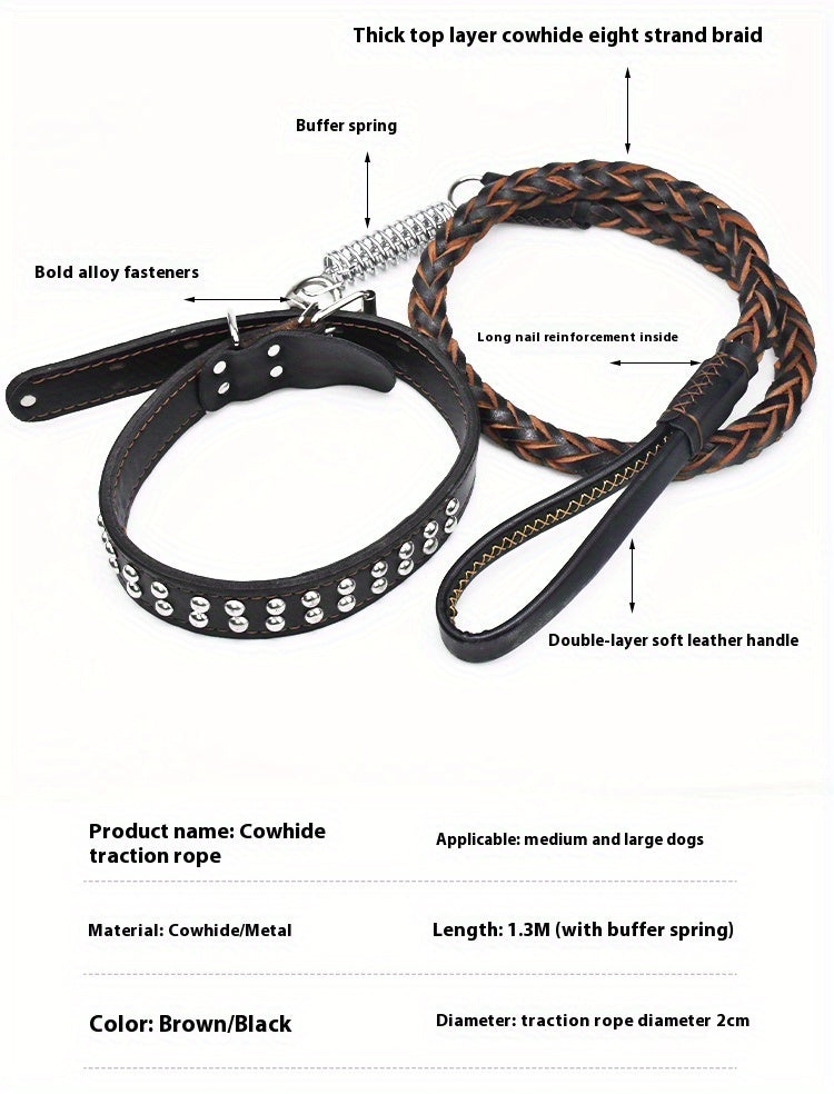 Heavy-Duty Dog Leash for Medium to Large Dogs - Bite-Resistant Cowhide Collar with Adjustable Buckle, Protective Design, Comfortable Metal Clip & Ergonomic Handle for Golden Retrievers & German Shepherds, Dog Leash for Medium