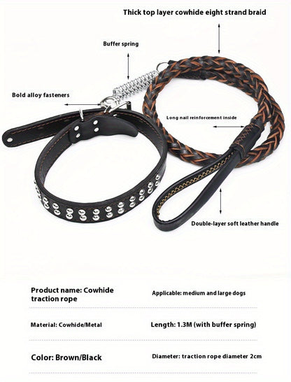 Heavy-Duty Dog Leash for Medium to Large Dogs - Bite-Resistant Cowhide Collar with Adjustable Buckle, Protective Design, Comfortable Metal Clip & Ergonomic Handle for Golden Retrievers & German Shepherds, Dog Leash for Medium