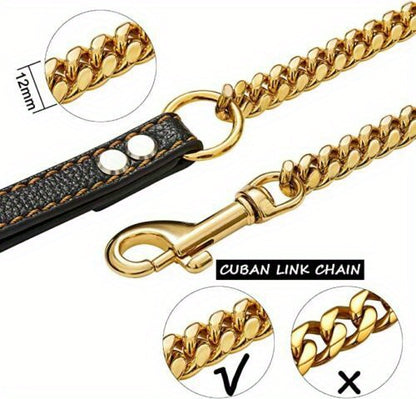 Durable Stainless Steel Dog Leash, 12MM Cuban Link Chain with Comfort Leather Handle, 3/4/5ft, No Battery Required, Suitable for All Dogs