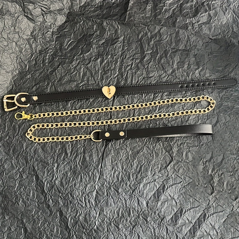 1pc Luxury Black Leather Pet Collar and Leash Set with Golden Heart Buckle - Adjustable, Fashionable, Durable for Training and Walking