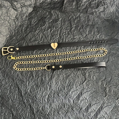 1pc Luxury Black Leather Pet Collar and Leash Set with Golden Heart Buckle - Adjustable, Fashionable, Durable for Training and Walking