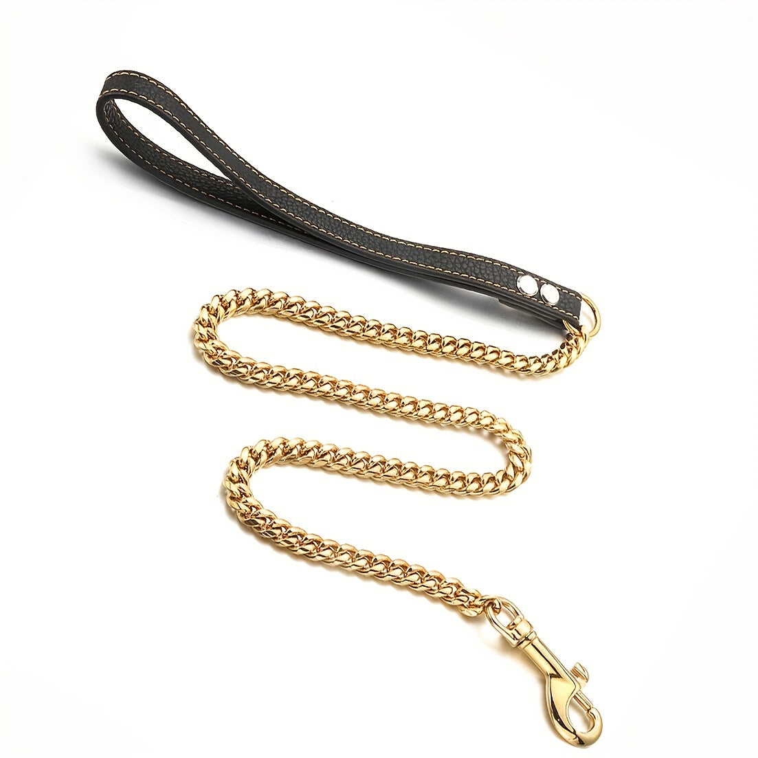 Durable Stainless Steel Dog Leash, 12MM Cuban Link Chain with Comfort Leather Handle, 3/4/5ft, No Battery Required, Suitable for All Dogs