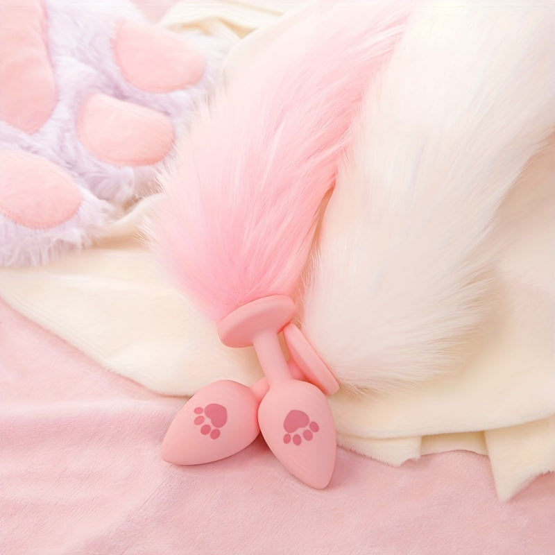One Piece Cute Sexy Plush Pussy Tail Anal Plug Silicone Cat Paw Ass Plug, Fox Tail Animal Tail Dildo BDSM Cosplay Role Play Flirt Play, Sex Toys For Male Female