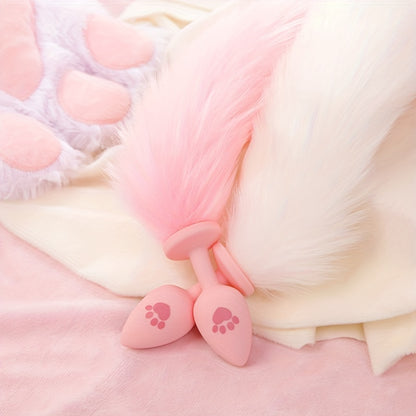 One Piece Cute Sexy Plush Pussy Tail Anal Plug Silicone Cat Paw Ass Plug, Fox Tail Animal Tail Dildo BDSM Cosplay Role Play Flirt Play, Sex Toys For Male Female