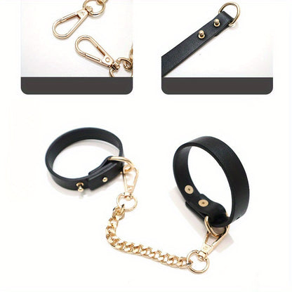 1pc PU Leather Cuffs with Golden Chain - Elegant Black Female Slave Cuffs for Bondage, Roleplay, and Adult Entertainment, Stress Relief Accessories, Adult Entertainment Accessories|Elegant Cuff Design|Durable Leather Cuffs, L