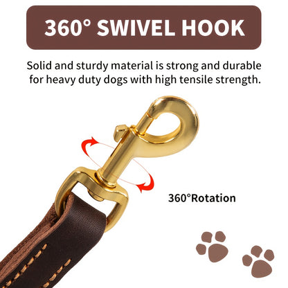 ITANDME Premium Dog Leash - Strong, Durable Brown Cowhide with Golden Metal Handle for Large Dog Training and Walking, Pet Walking Accessory | Polished Metal Handle | Durable Cowhide, Leash for Dogs