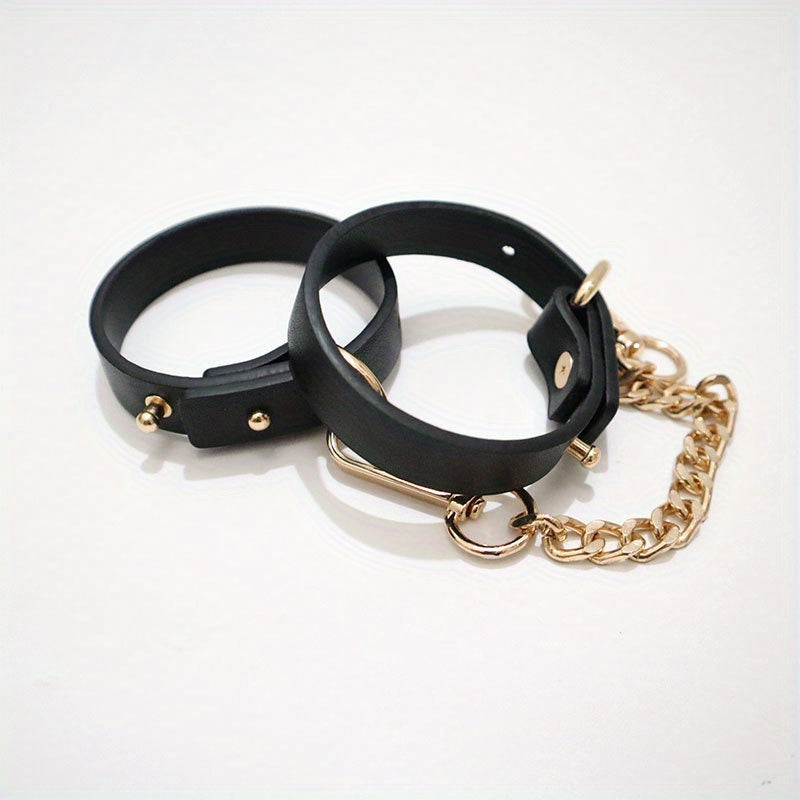 1pc PU Leather Cuffs with Golden Chain - Elegant Black Female Slave Cuffs for Bondage, Roleplay, and Adult Entertainment, Stress Relief Accessories, Adult Entertainment Accessories|Elegant Cuff Design|Durable Leather Cuffs, L