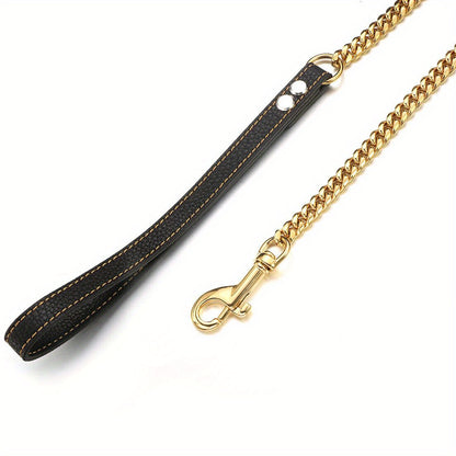 Durable Stainless Steel Dog Leash, 12MM Cuban Link Chain with Comfort Leather Handle, 3/4/5ft, No Battery Required, Suitable for All Dogs