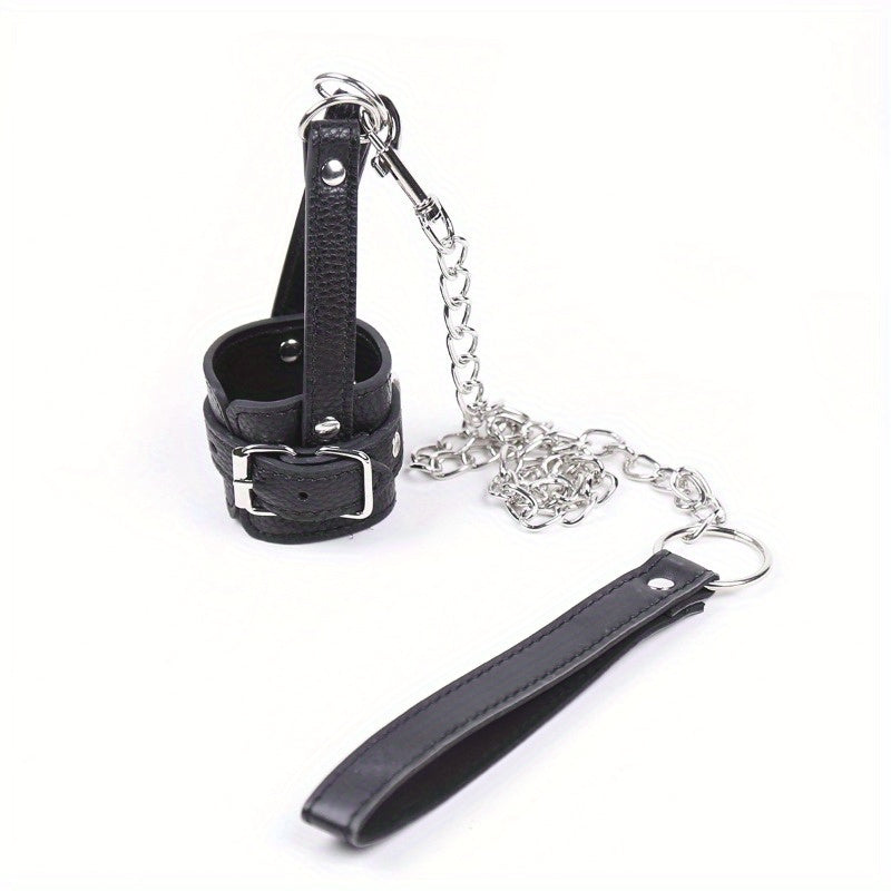 Adult SM Decompression Toy - Bondage Traction JJ Ring Penis Ring, Cock Ring with Adjustable Leather Sleeve Lock, Sperm Ring Collar, Elegant Silver Chain Design, Ideal for BDSM Play, BDSM Play Ring|Elegant Chain Design|Adjusta